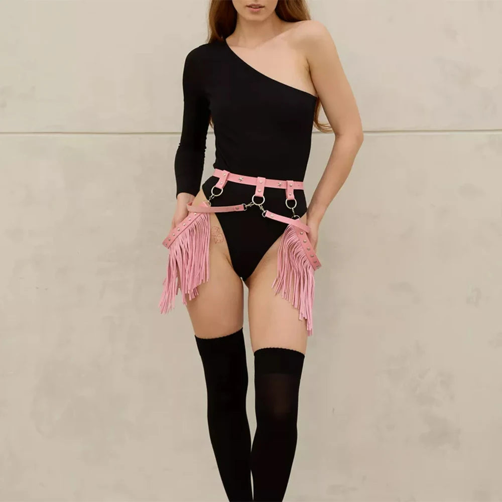Women Fashion Leather Harness Waist Belt Tassels Short Leather Skirt Pu Leather Decorative Waist straps Goth Clothing Accessorie