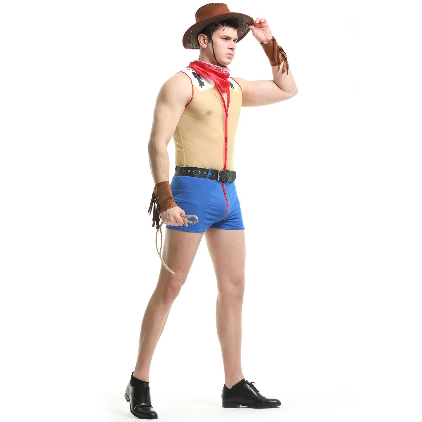 Sexy Men Mesh Western Cowboy Cosplay Sissy Lingerie Set Gay Bar Dance Perform Role Play Clubwear Halloween Carnival Party Outfit