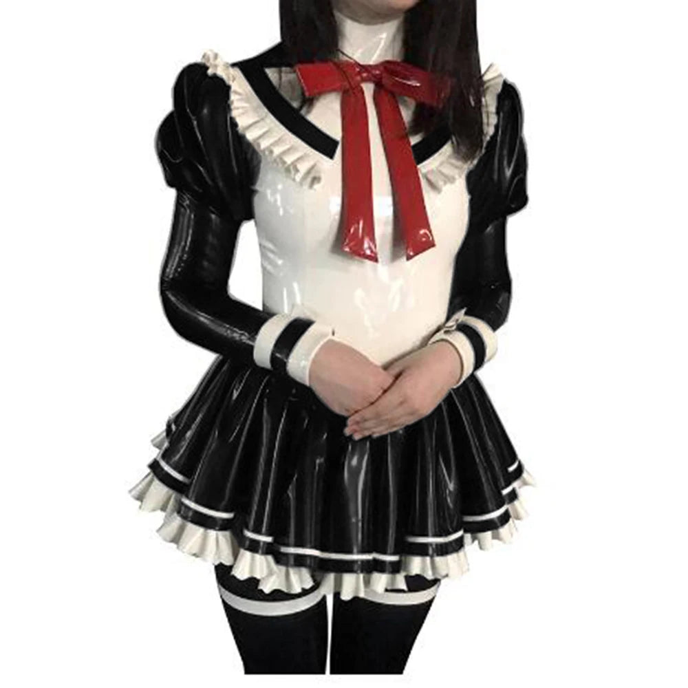 Cosplay Custom Mini Dress Sexy Faux Latex French Maid Club Dresses Long Puffs Sleeves Ruffles PVC Uniform Outfit Clubwear