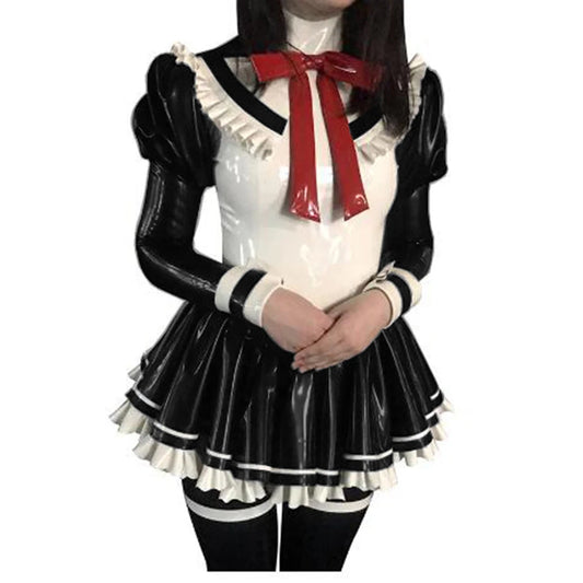 Cosplay Custom Mini Dress Sexy Faux Latex French Maid Club Dresses Long Puffs Sleeves Ruffles PVC Uniform Outfit Clubwear