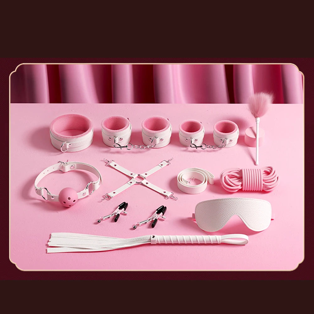 Exotic Bed Bondage Set BDSM Kits Exotic Sex Toys For Adults Games Leather Handcuffs Whip Gag Nipple Clamps Women Sex Products