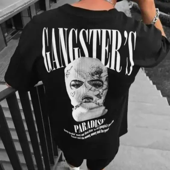 24/25 High-quality American High Street Masked Person Printed T-shirt for Men Oversized Loose Harajuku Short Sleeved Tops