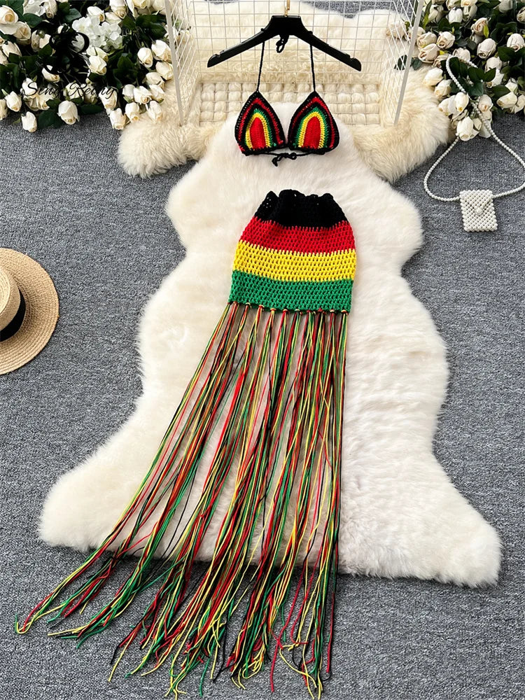 SINGREINY Tassel Knitted Beach Sets Women Mini Camis+Long Sheath Skirt Set Fashion Ladies Hollow Out Vacation Styles Sexy Suits