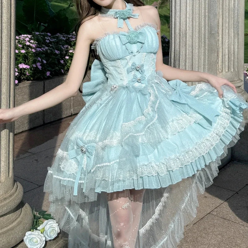 Red Lolita Strapless Dress Spring and Summer New Sweet Girl Ladies High Waist Elegant with Tail Party Short Dresses for Women