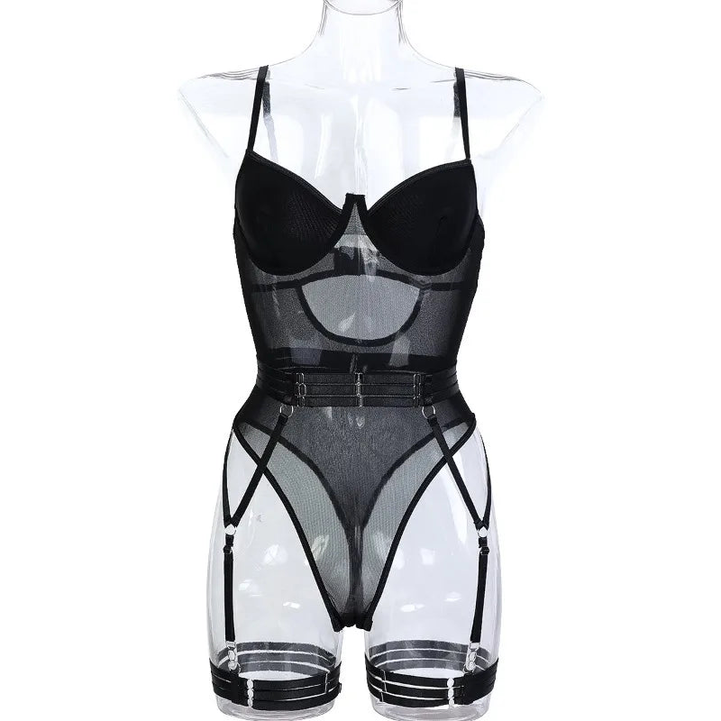 Toucheart Sexy Lingerie Onesie Suit for Women Solid Color Mesh Lace Up See-through Underwear Suit Sexy Gloves Garters Underwear