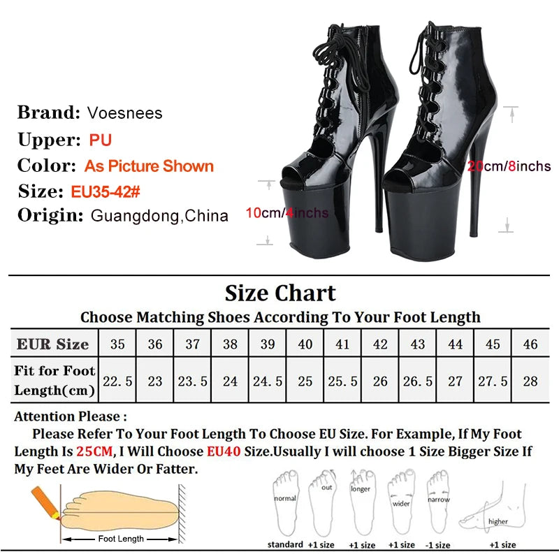 Women Boots 20CM/8inches Hollow PU Upper Zip Lace-up Pole Dance Shoes Sexy Exotic Thin High Heel Peep Toe Platform Party Heels