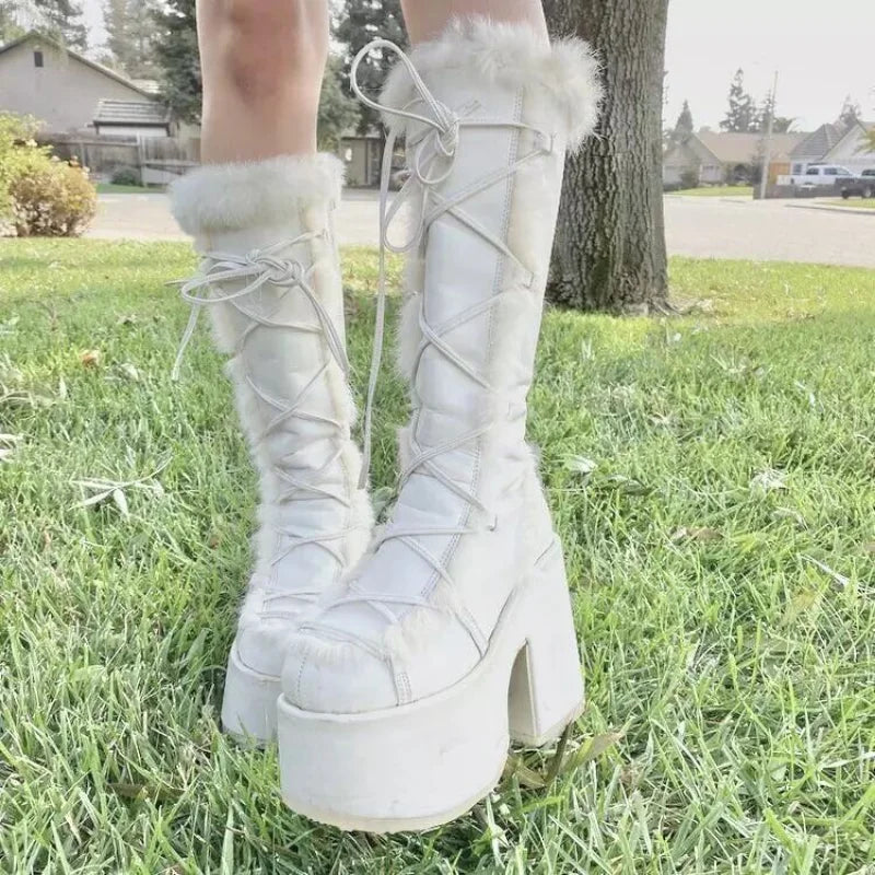 New Winter Women Snow Boots Platform High Heel Faux Fur Lady Shoes Female Plush Warm Non-slip Mid Calf Boots Goth Shoes