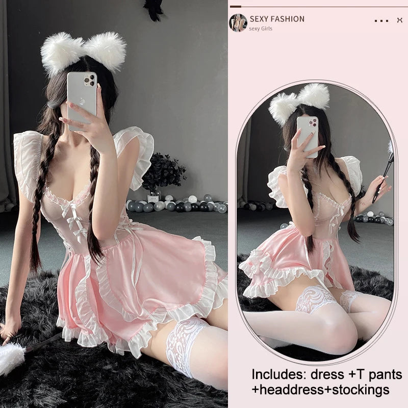 Maid Dress Cosplay Costumes Women Sexy Lingerie Perspective Erotic Underwear Sweet Uniform Skirt Maid Lace Outfit Porno Suit