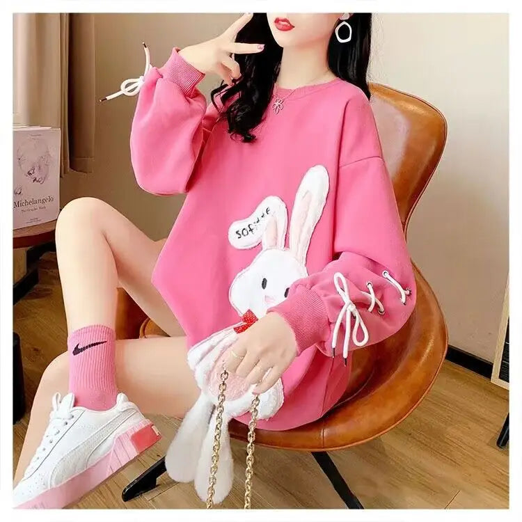 New Rabbit Fleece Hoodies 2025 Oversized Women Casual Sweatshirt Autumn Winter Long Sleeve Fleece Hooded Female Pullovers Tops