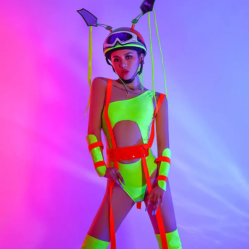 Drag Queen Gogo Dancer Costume Women Fluorescent One-Piece Bodysuit Goggles Stage Outfit Pole Dance Nightclub Bar Rave Clothes
