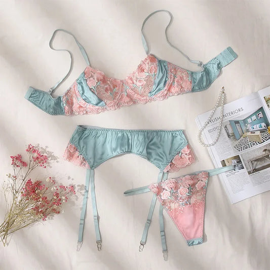 Ashburn Sexy Embroidery Underwear Set For Women Lace Flowers Patchwork Mesh See-through Sexy Garters 3 Piece Underwear Set New