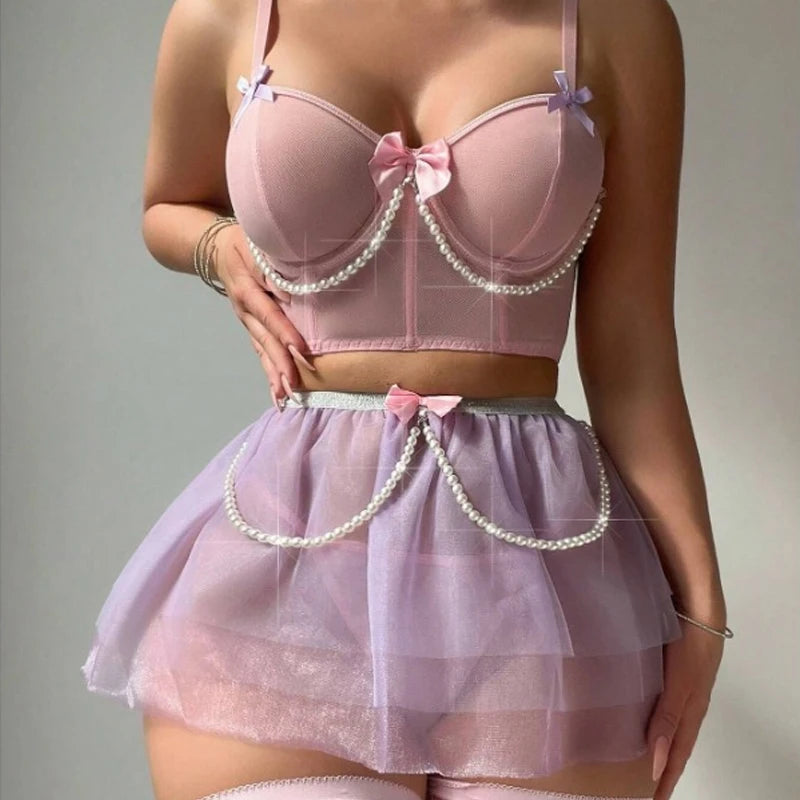 Toucheart 3-Piece Bead Chain Bow Bra Underwear Set For Women Sexy Lace Skirt Thong Meshcontrast Color Exotic Sexy Underwear Set