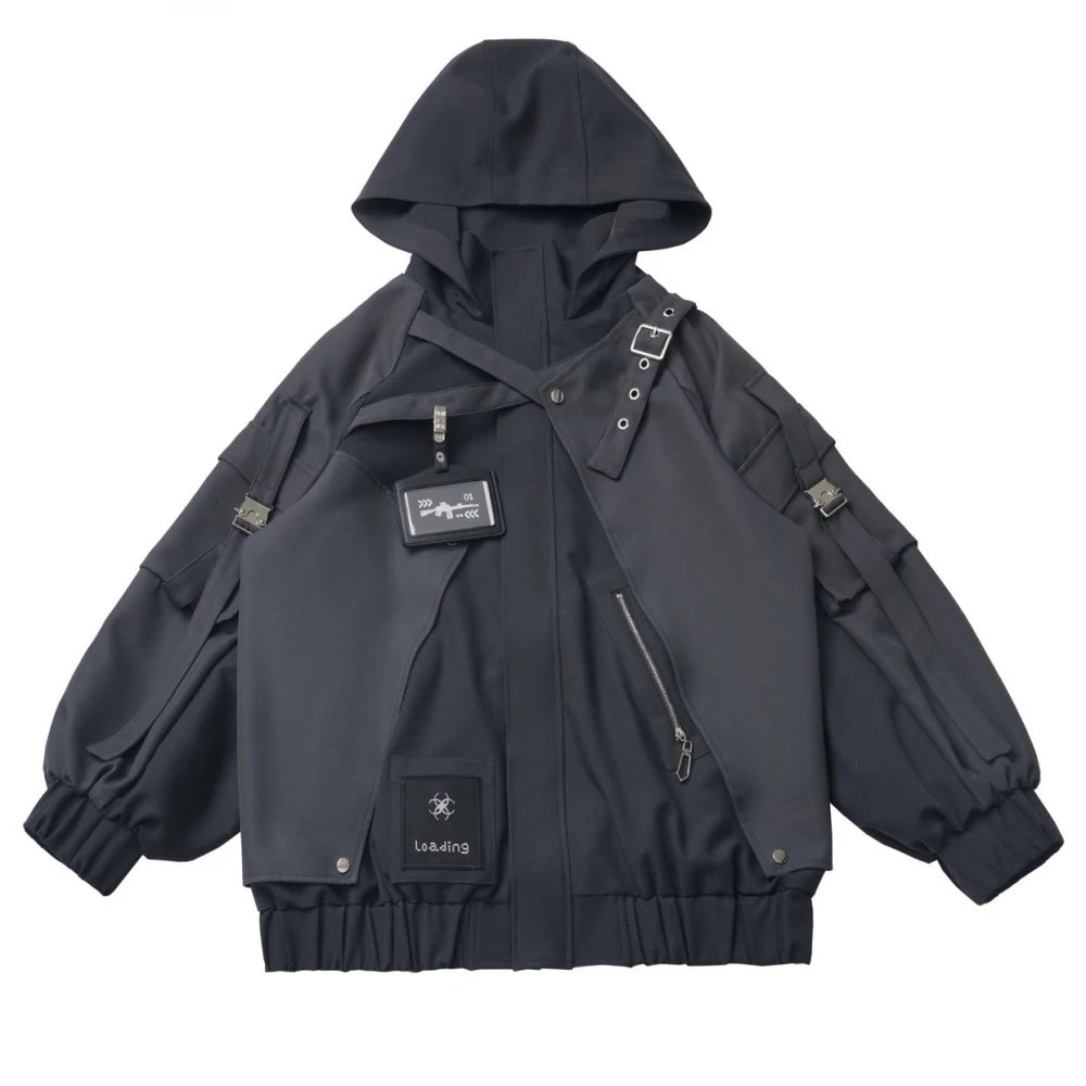 Gothic Splicing Mechanical Style Sets Sweet Cool Hooded Oversized Zipper Jacket Elastic Waist Casual Trousers Subculture Outfits