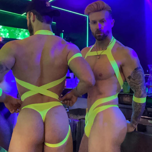Muscle Men Sexy Pole Dance Clothes Rave Outfit Fluorescence Green Stretch Chest Strap Nightclub Dj Ds Dancer Costume VDB6098