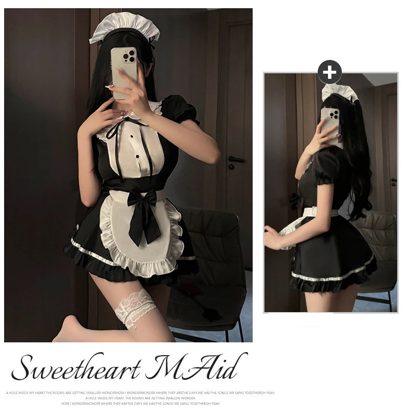 Lolita Women Maid Outfit Cosplay Cute Sexy Erotic Kawaii Cafe Costume Cosplay Erotic Costumes Uniform Apron Dress Cute Bowknot