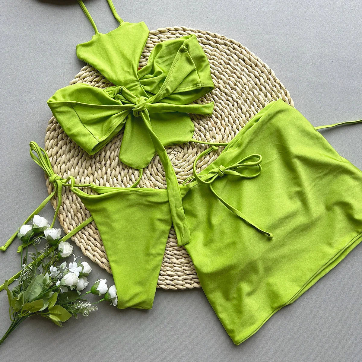 2025 New Green Big Flower 3 Pieces Suit Swimwear Sexy Neck Hanging Backless Bikini Set+Skirt Bathing Suits Beachwear Vacation