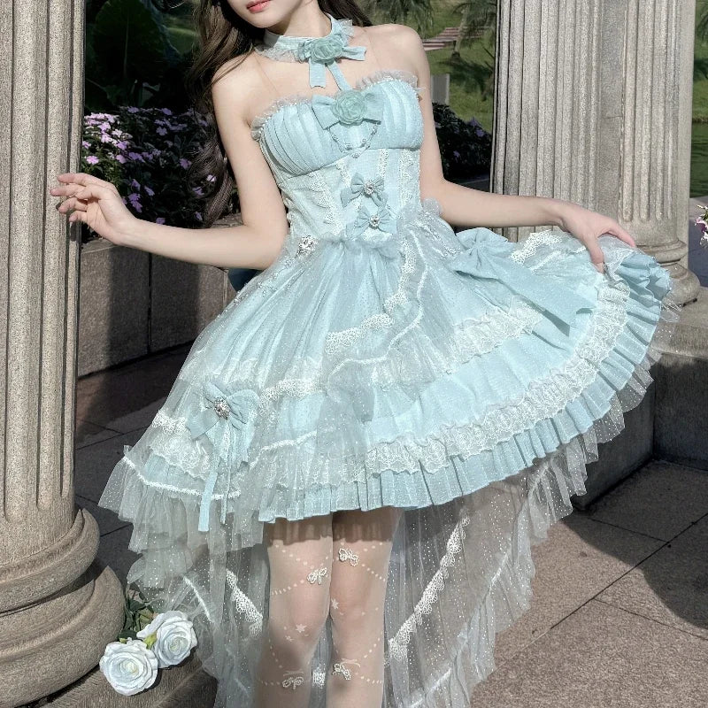 Red Lolita Strapless Dress Spring and Summer New Sweet Girl Ladies High Waist Elegant with Tail Party Short Dresses for Women