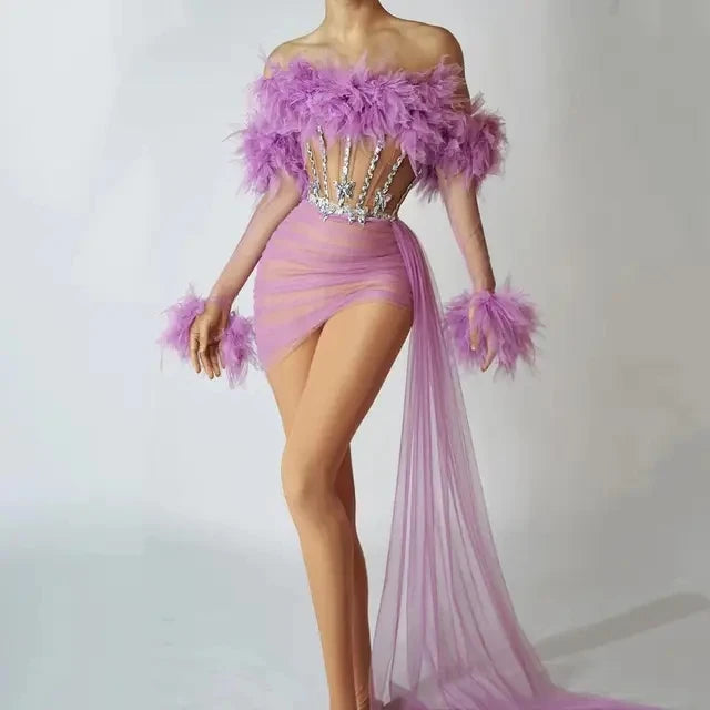 ASHBURN™ PLUME AFFAIR: Multi-Color Feathered Corset Gown with Side Drape
