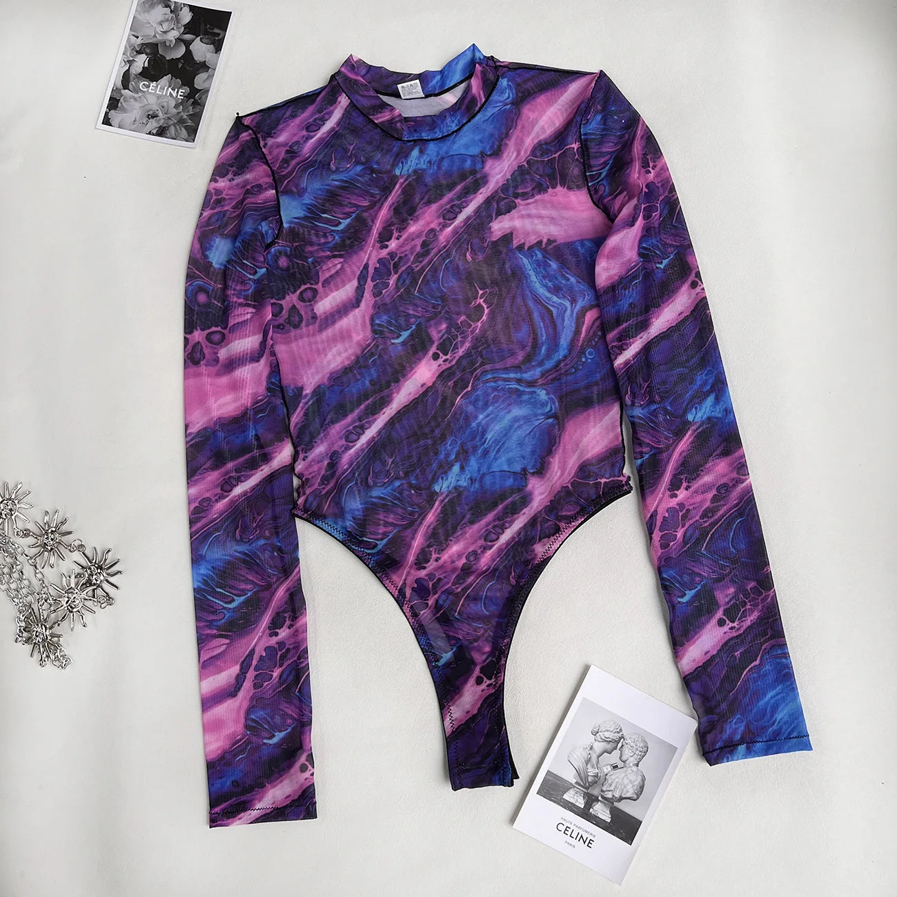 Sexy High Fork Tie Dye Print Bodysuit Women Long Sleeve Cyber Body T-Shirt Game Cosplay Jumpsuit Costume Mesh Transparent