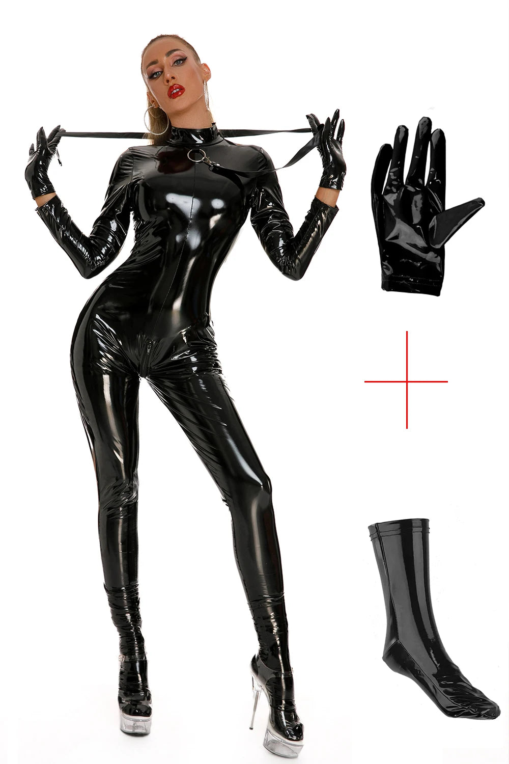 Sexy Womens Shiny Latex Catsuit with Leash Gloves Socks Set  Rubber Long Sleeves Zip-Around Open Crotch BDSM Fetish Jumpsuits
