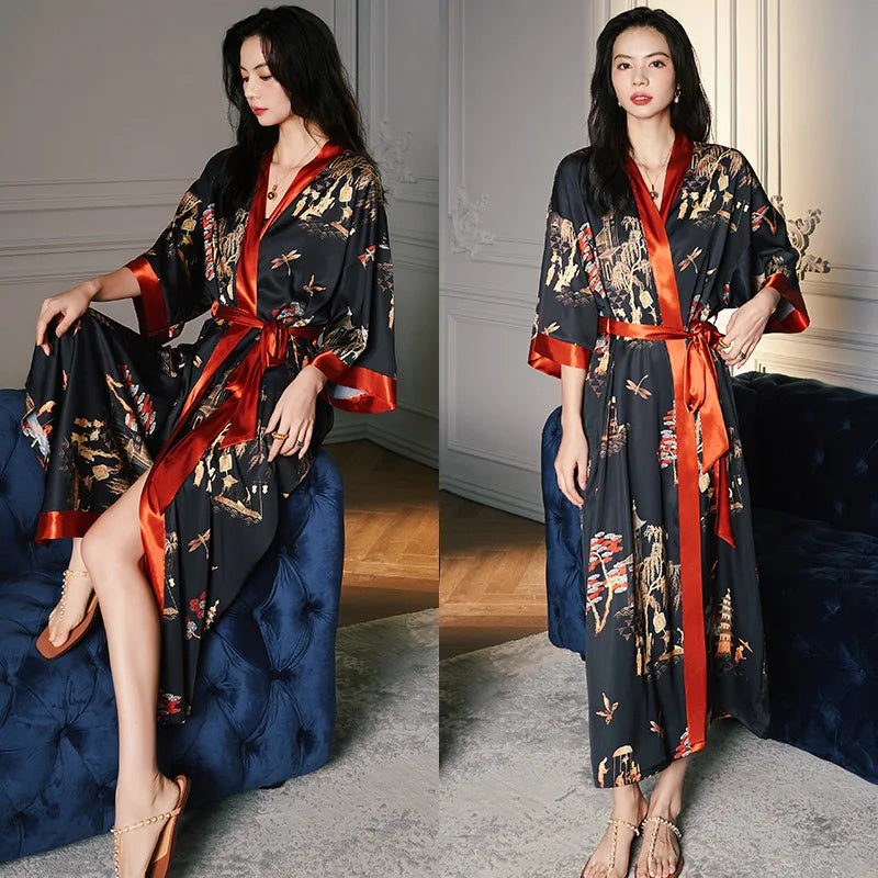 Oversize Long Robe Spring Summer Women Sleepwear Kimono Bathrobe Gown Sexy Satin Nightwear Nightgown Loose Home Dressing Gown