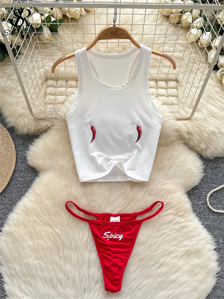 Ashburn 2025 Fashion Print Beach Sets Summer Women Tank Top+Briefs Set Female Sheath Swimsuits Streetwear Sexy Bikini Suits