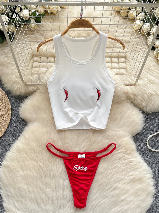 Ashburn 2025 Fashion Print Beach Sets Summer Women Tank Top+Briefs Set Female Sheath Swimsuits Streetwear Sexy Bikini Suits