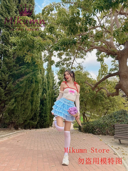 Mikumn Harajuku Kawaii Blue Ruffles Pumpkin Pants Women Cute Lace Bow Lolita Safety Short Pants Vintage Victorian Bloomers