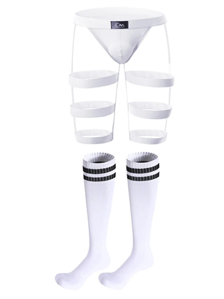 CLEVER-MENMOD Men Sexy Porn Halterneck Chest Briefs Stockings Set Jockstrap BDSM Harness Lingerie Exotic Sissy 18+ Adult Costume