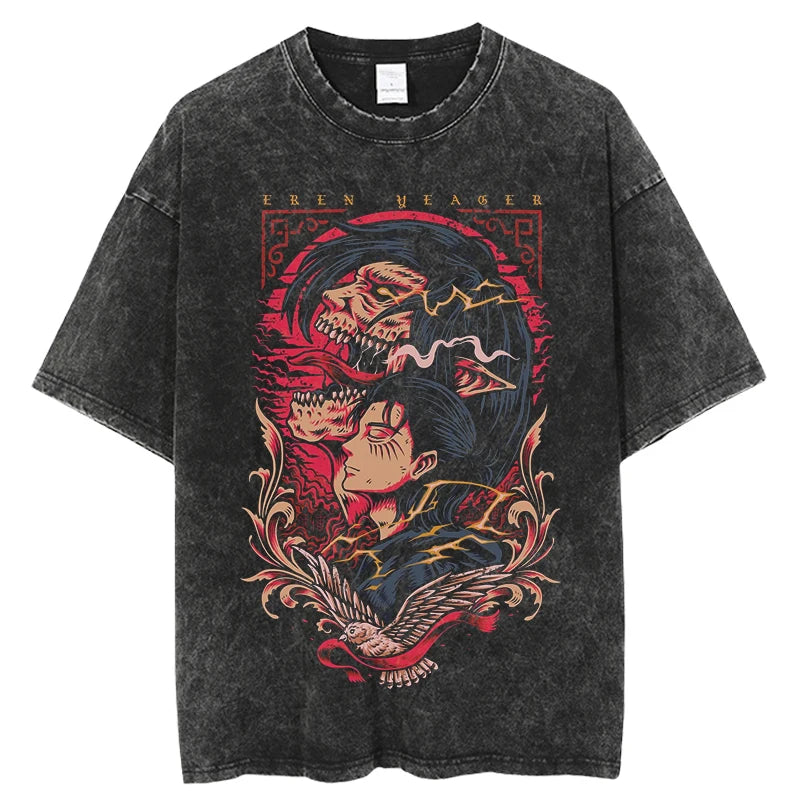 Anime Attack on Titan Tshirts Vintage Washed T Shirt Harajuku Oversize Cotton Tee Cotton Fashion Streetwear Unisex Top