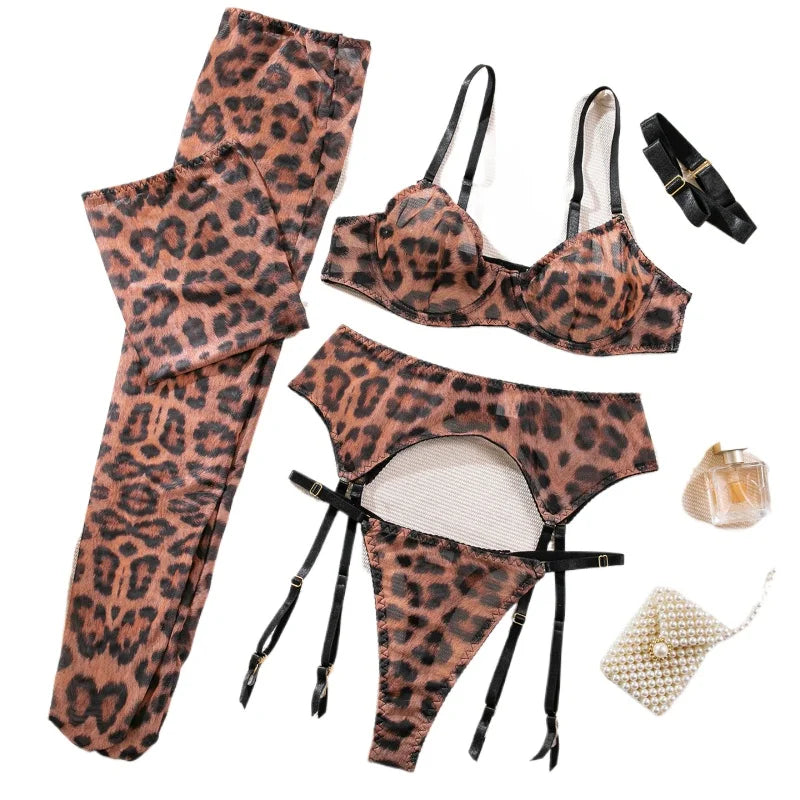 Toucheart 6-piece Push-Up Bra and Stockings Set Leopard Lingerie Sexy Support Seamless Hot Girl Underwear Bra Matching Sets New