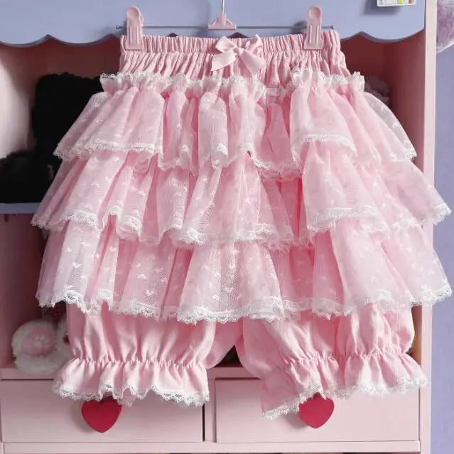 Mikumn Harajuku Kawaii Blue Ruffles Pumpkin Pants Women Cute Lace Bow Lolita Safety Short Pants Vintage Victorian Bloomers