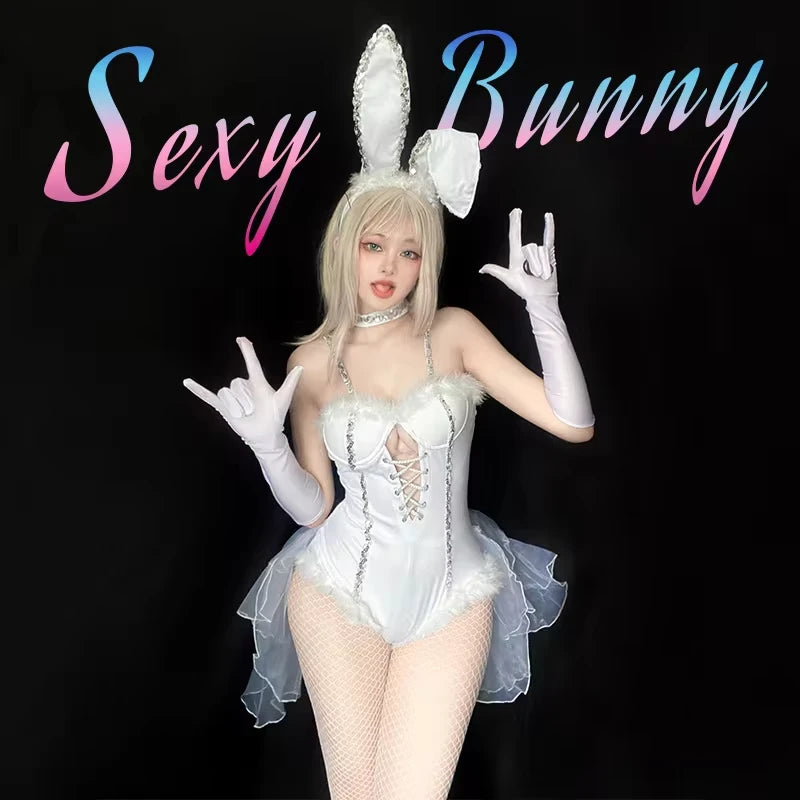 Sexy Rabbit Costume Cosplay White Bunny Girl Suspender Bodysuit Women Jumpsuit Set Halloween Stage Show Carnival Club Clothes
