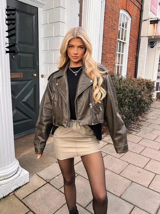 TRAF Women Oversized Vintage Loose Pu Faux Leather Short Jacket with Belt Streetwear Female Zipper Retro Moto Biker Coat Outwear