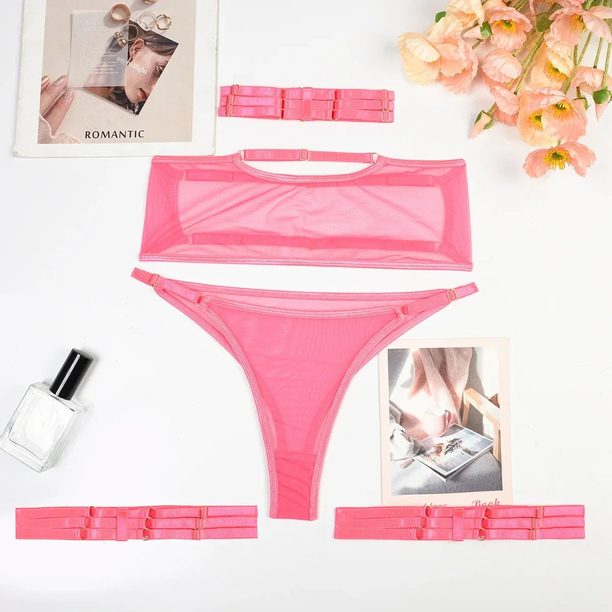 Toucheart 4 Piece Set Sexy Lingerie Set Elasticity Mesh Patchwork See-Through Breast-Wrapping Three-Point Briefs Sexy Underwear
