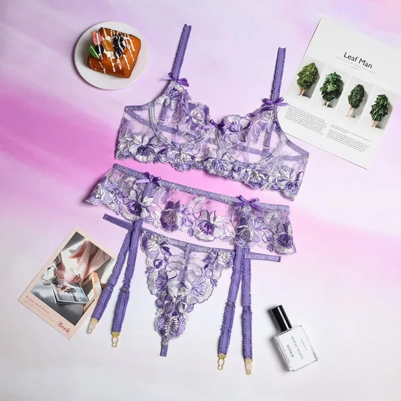 Ashburn 3 Piece Set Sexy Lingerie Embroidery Printing Patchwork Bow Knot Lace Up See- Through Underwear Bra Set For Women New