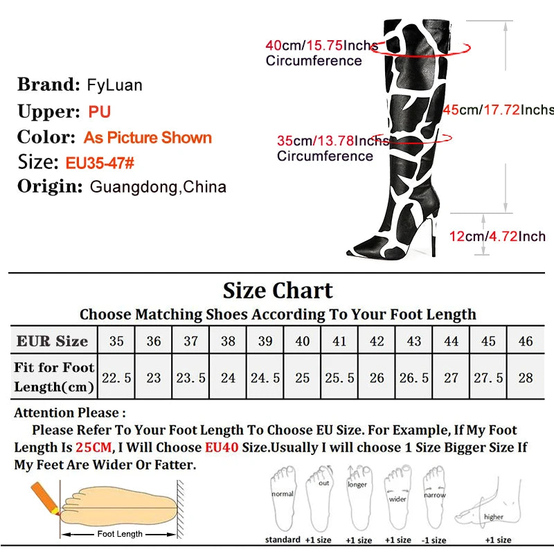Fashion Print European and American Large Size Boots For Women 12CM High Heels Sexy Pointed Knee-High Boots Spring Autumn Shoes