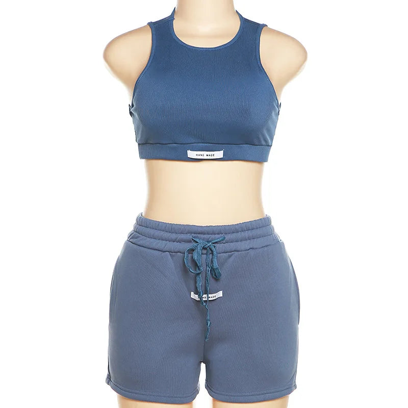 Sporty Solid Letter Two Piece Set Women Ribbed Skinny Tank Tops+ Loose Casual Bandage Shorts Matching Female Tracksuit