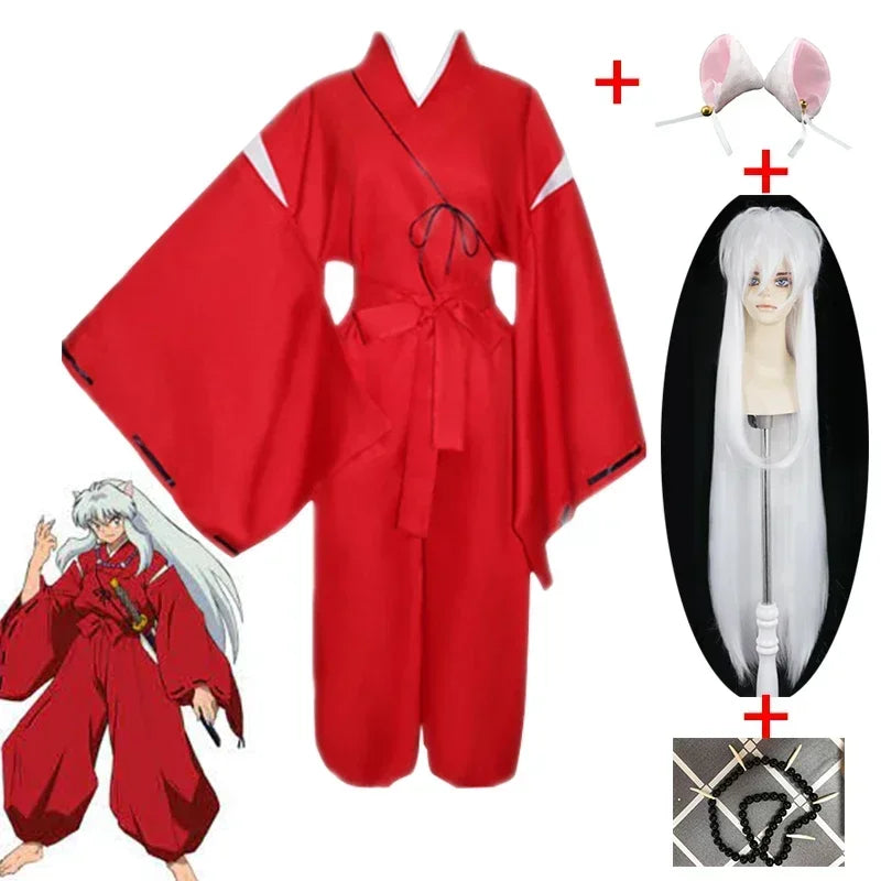 Anime Inuyasha Cosplay Costume Red Japanese Kimono Man Robe Costume Clothing With Wigs Ears And Necklace For Halloween Party