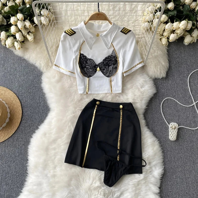 Toucheart Preppy Style Sexy Uniform Sets Women Sexy Uniform Suit Sheer Top+Lace Up Mini Skirt+Thongs Hollow Cosplay Porn Suits