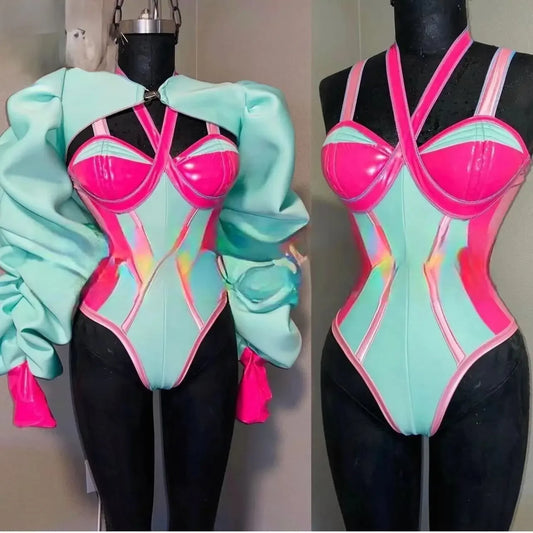 Nightclub Bar Female Singer Dance Stage Outfit Blue Green Rose Red Pink Color Matching Sexy Bodysuit+Exaggerat Bubble Sleeve Top