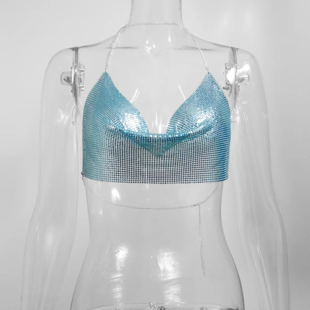Sexy Metal Metallic Crop Top Women Beach Halter Corset Tops Glitter Backless Party Club Tank Top Clothes Top Camisole Croppe