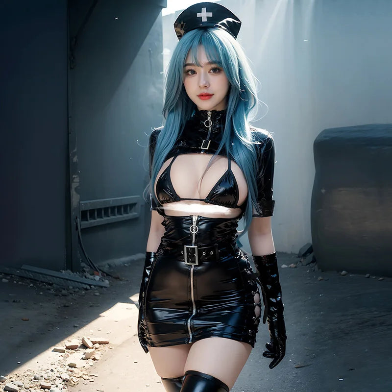 Nurse Cosplay Costume PU Leather Transparent Jumpsuit Dress Women Sexy Anime Lingerie Bandage Outfit Hollow Chest Exotic Costume