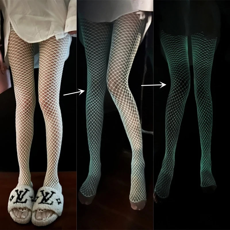 Fun Luminous Fishnet Stockings Open Gear Mesh Leggings   Sexy Tights High Waist Perspective Glow In The Dark Pantyhose
