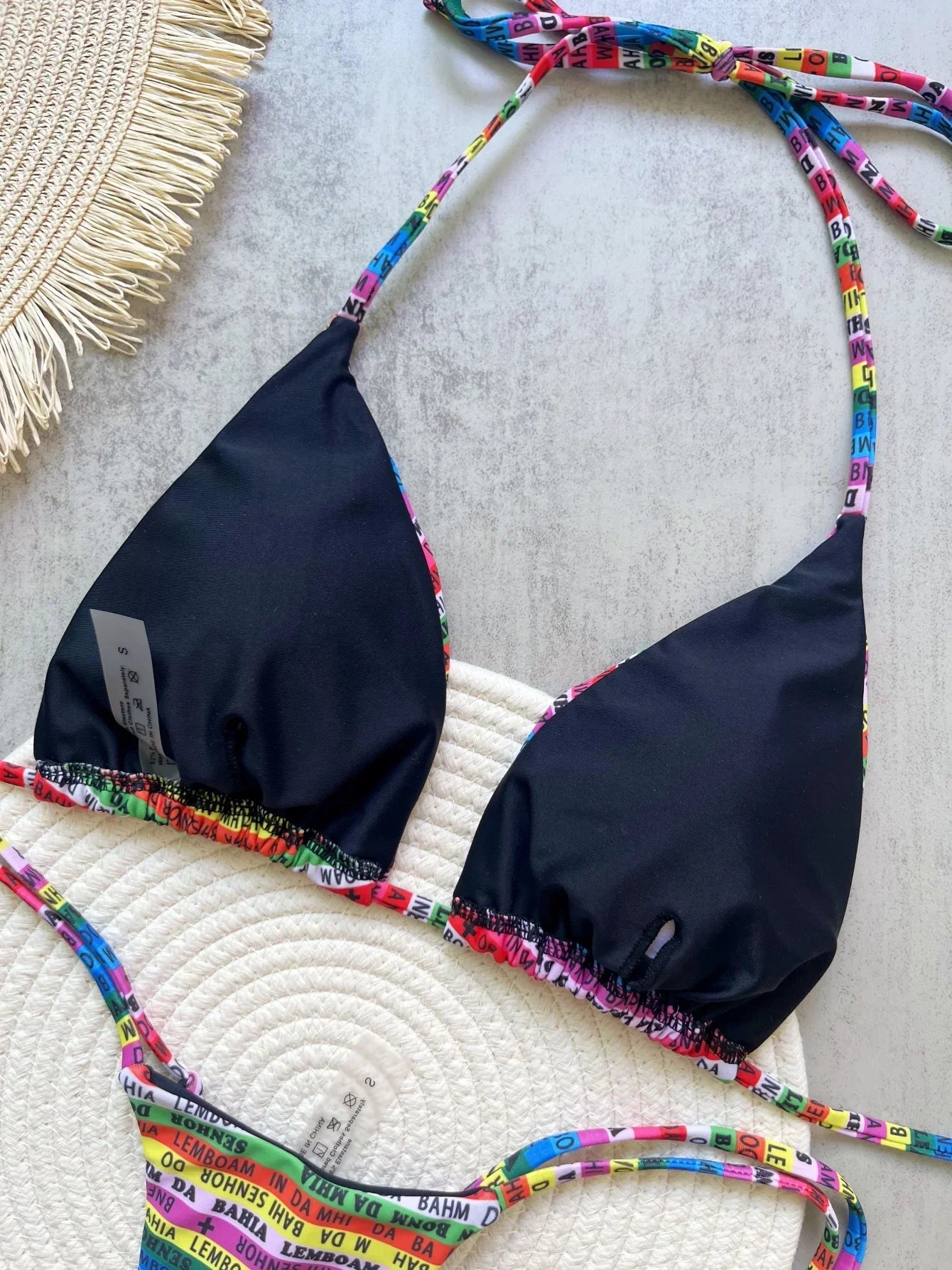 RUOTONSEPT Women's Printed Thong Bikini Set - Colorful Letter Design 2-Piece Swimwear
