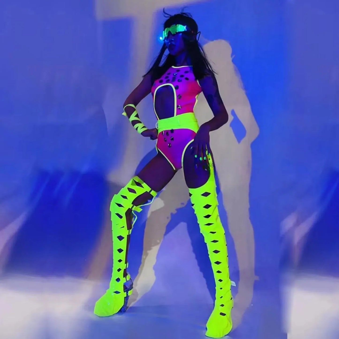New Sexy Bar Nightclub Party Stage Costume Set Women Singer Team Outfit Bodysuit+Belt+Pants Legs+Lighting Glasses