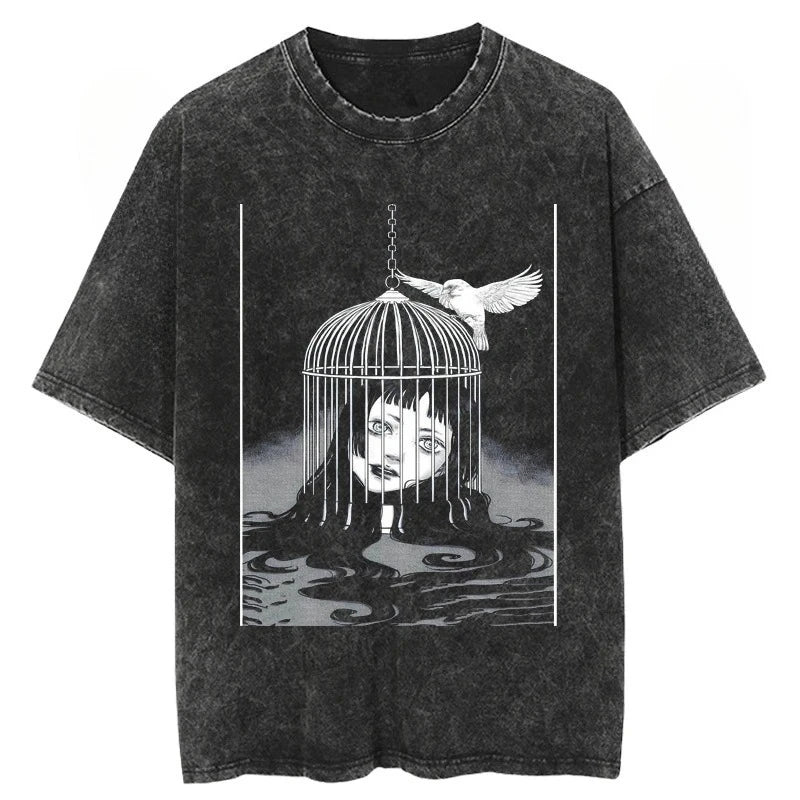 Anime Tomie Kawakami Junji Ito High-Street Washed Distressed Casual Sporty Light Luxury Men's Tees, Women's Short Tees & Couple
