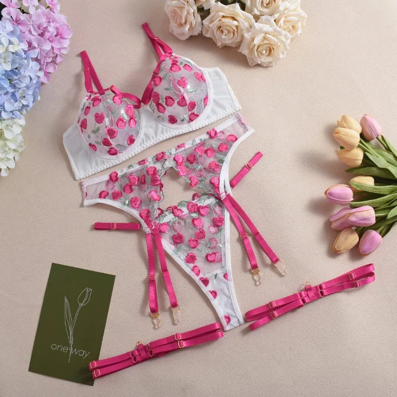 Ashburn Sexy Lingerie Suit for Women Mesh See-through Embroidery Contrast Color Sexy Temptation 4-piece Bra Set Sexy Underwear