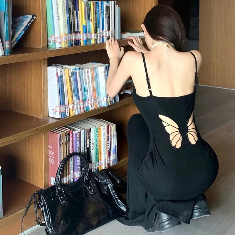 Goth Dark Cyber Y2K Butterfly Hollow Out Straps Dresses Fairy Grunge Bodycon Gown Women Sexy Hot Backless Dress Gothic Techwear