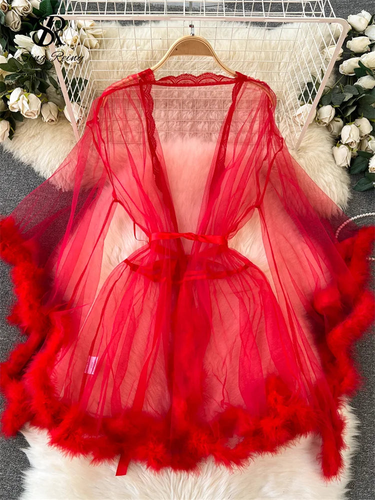 SINGREINY Female Sheer Shapewear Robes Fashoin Long Sleeve Plush Spliced Thin Lingerie Women Lace Up Erotic Midi Long Sexy Robes